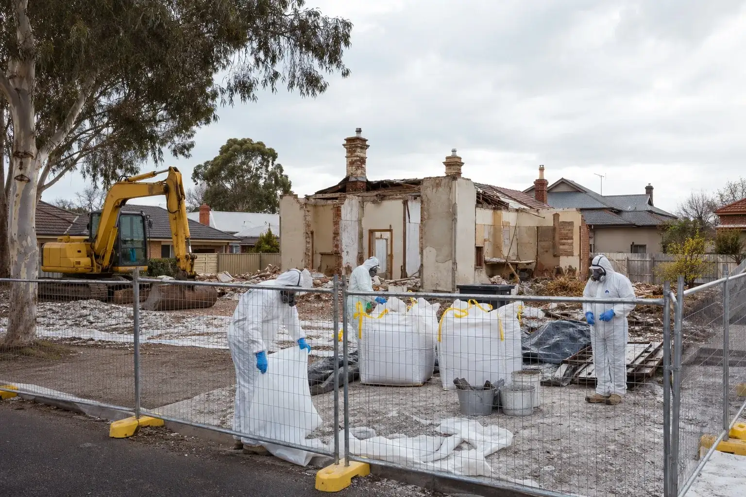 Asbestos removal workers in full PPE bagging hazardous waste at a residential demolition site