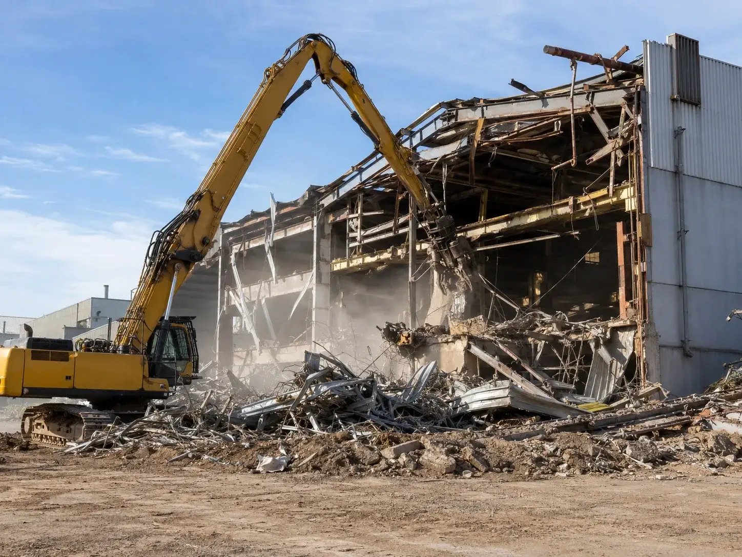 Yellow excavator dismantling a large building on an Adelaide demolition site
